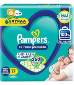 Pampers All Round Protection Pant Style Baby Diapers, New Born/X-Small (NB/XS), 17 Count, Anti Rash Blanket, Lotion with Aloe Vera, Upto 5 Kg Diapers
