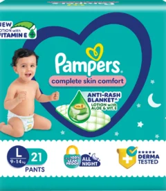 Pampers Complete Skin Comfort Pants, Anti-rash blanket, Lotion with Vitamin E & Aloe Vera, Medium size baby diapers (L) 21 Count, 9-14 kg