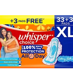 Whisper Choice All Day Pads With Cottony Softness For Medium To Heavy Flow - XL, 36 pcs